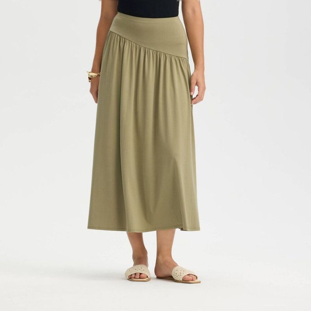 Women's Ruched Midi A-Line Skirt - A New Day Aged Olive S